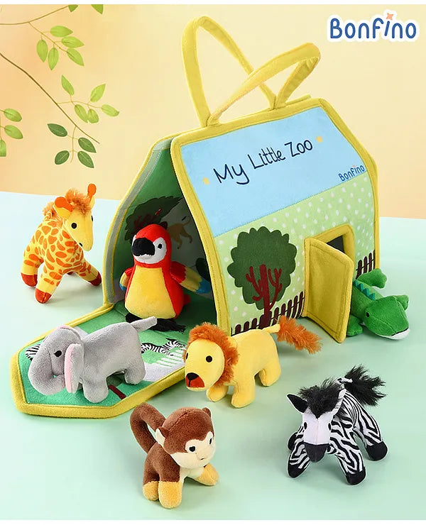 Bonfino Premium My Little Zoo House with Carry Handle | 7 Jungle Safari Plush Figurines Toys | Lion, Parrot, Crocodile, Elephant, Monkey, Giraffe, Zebra | Pretend Play | Education and Montessori Learning Toy | BIS Certified | Gifting Toy