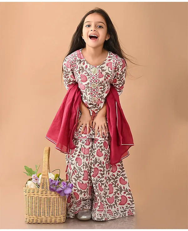 Lilpicks Couture Three Fourth Sleeves Floral Printed & Gota Lace Embellished Kurta With Coordinating Sharara & Dupatta - Multi Colour & White