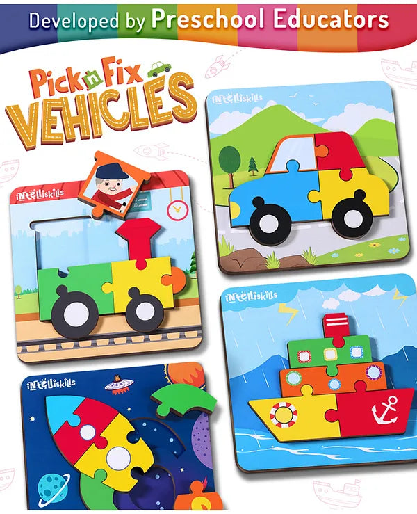 Intelliskills Premium 3D Pick N Fix - Vehicles Wooden Jigsaw Puzzle for Kids | Set of 4 | Transport Theme | Safe Rounded Edges & Chunky Pieces | For Gifting | BIS Certified | Educator Recommended
