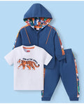Babyhug Terry Knit Full Sleeves Hooded Jungle & Tiger Printed Sweatjacket & Lounge Pant with T-Shirt - Nay Blue