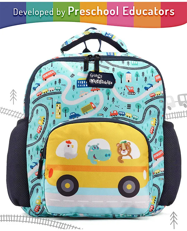 Intelliskills Yellow Animal Tour Bus Durable School Bag with Comfortable Cushion Padding | Yellow & Blue | 14 Inches | Trendy & Spacious Kids Backpack | Unisex Printed School Bag for Boys and Girls
