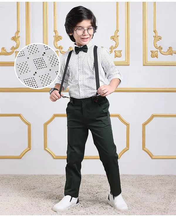 Mark & Mia Cotton Woven Full Sleeves Shirt and Trouser with Bow & Suspender And Abstract Print - Dark Green & White