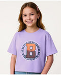 Pine Kids Cotton Knit Half Drop Shoulder Sleeves T-Shirt with Text Print - Lavender