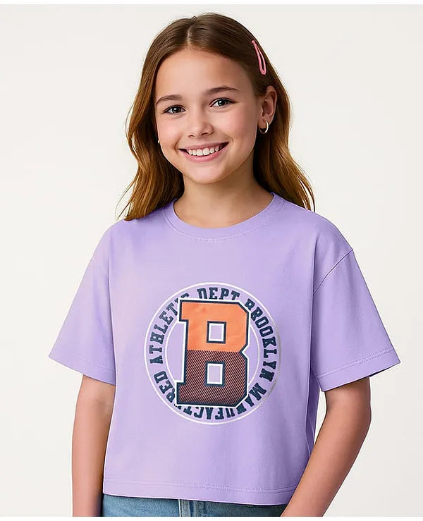 Pine Kids Cotton Knit Half Drop Shoulder Sleeves T-Shirt with Text Print - Lavender