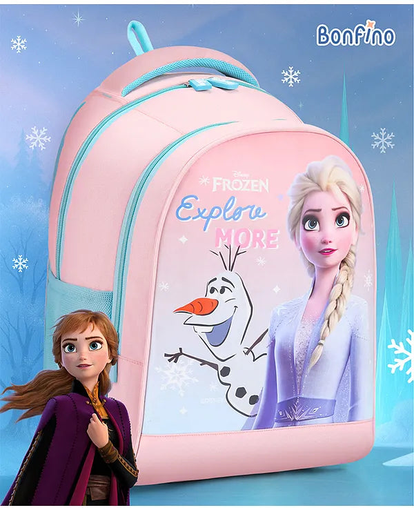 Bonfino Disney Frozen Explore School Backpack | 2 Compartments, 2 side Bottle Pockets | Water Resistant | Long lasting & Durable Zippers | For School & Outdoors | Pink - 16 inches