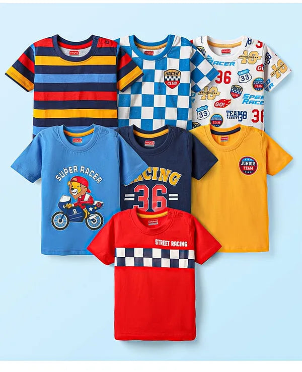 Babyhug Cotton Knit Half Sleeves T-Shirts with Sports Theme Print & Stripes Pack of 7 - Multicolor