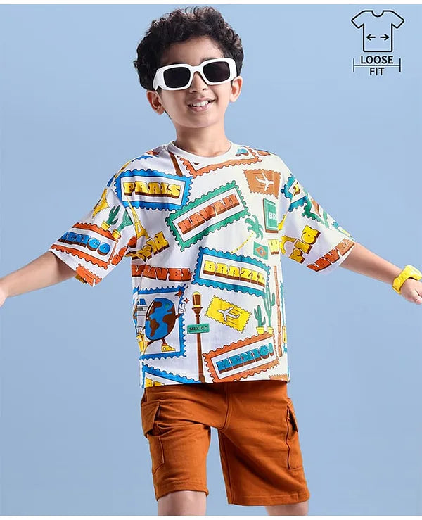 OLLINGTON ST. Cotton Knit Half Sleeves Printed T-Shirt & Knit Shorts Set - White & Brown