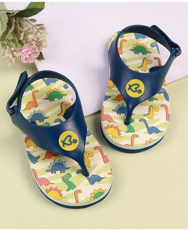 Babyoye Flip Flops with Velcro Closure & Dino Print - Cream & Blue
