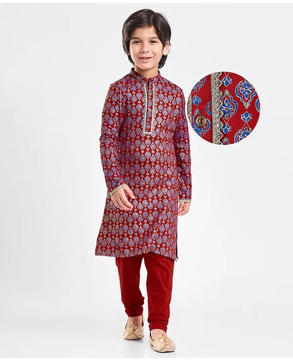 EARTHY TOUCH Single Jersey Knit Full Sleeves Kurta Pyjama Set With Foil Print - Red