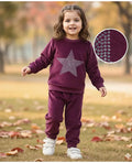 Babyhug Velour Woven Full Sleeves Winter Wear T-Shirt & Lounge Pant Set With Foil Star Print - Wine