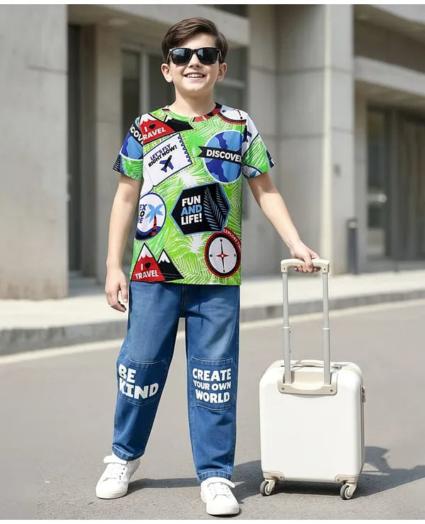 OLLINGTON ST. Cotton Half Sleeves Printed T-Shirt & Stretchable Denim Joggers - Multicolor & Indigo