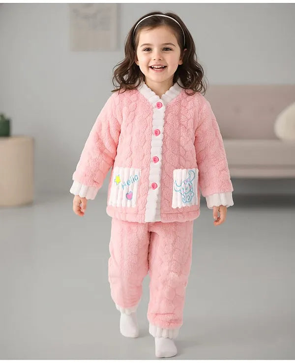 Mark & Mia Full Sleeves Winter Wear Night Suit With Text & Animal Embriodery - Pink