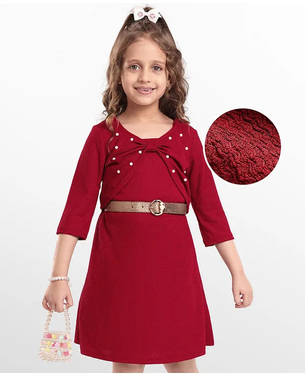 Hola Bonita Knit Full Sleeves Textured Fabric Dress with Shrug Belt & Pearl Embellishment - Maroon