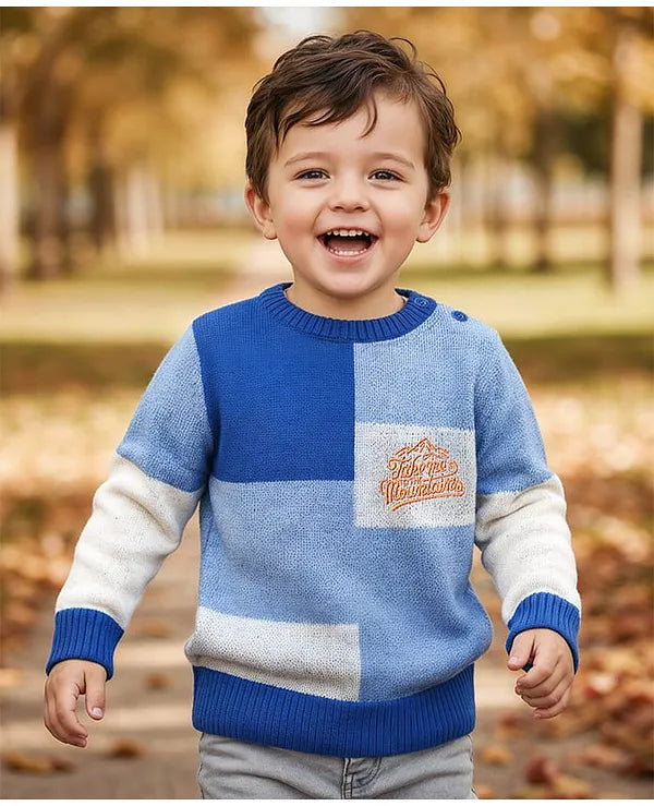 Babyhug Knit Full Sleeves Pullover Sweater with Color Block & Text Embroidery - Blue