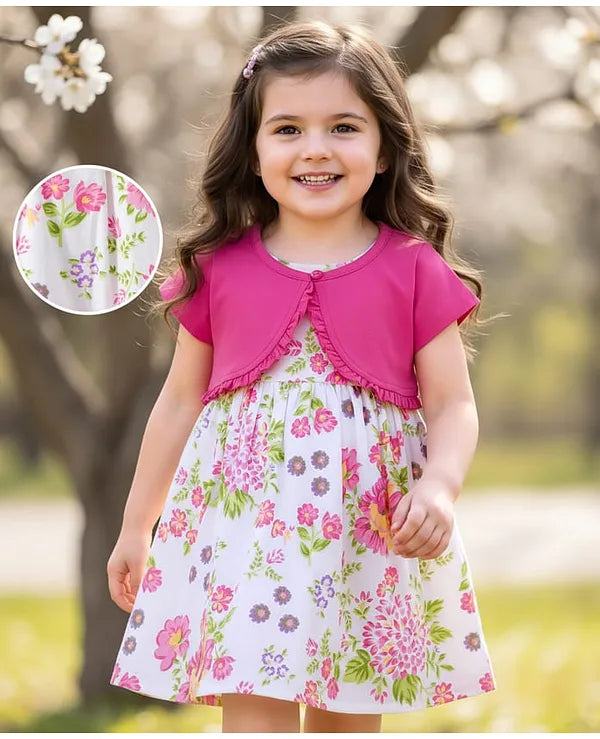 Babyhug Cotton Woven Half Sleeves Frock With Shrug & Floral Print - Pink & White