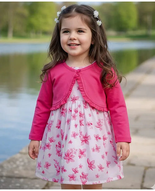 Babyhug Cotton Woven Full Sleeves Shrug & Frock with Floral Print - Pink & White