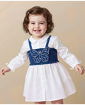 Babyoye 100% Cotton Woven Full Sleeves Shirt Dress With Denim Top & Butterfly Patch Embroidery - White & Blue