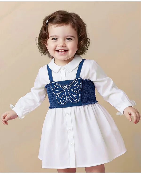 Babyoye 100% Cotton Woven Full Sleeves Shirt Dress With Denim Top & Butterfly Patch Embroidery - White & Blue