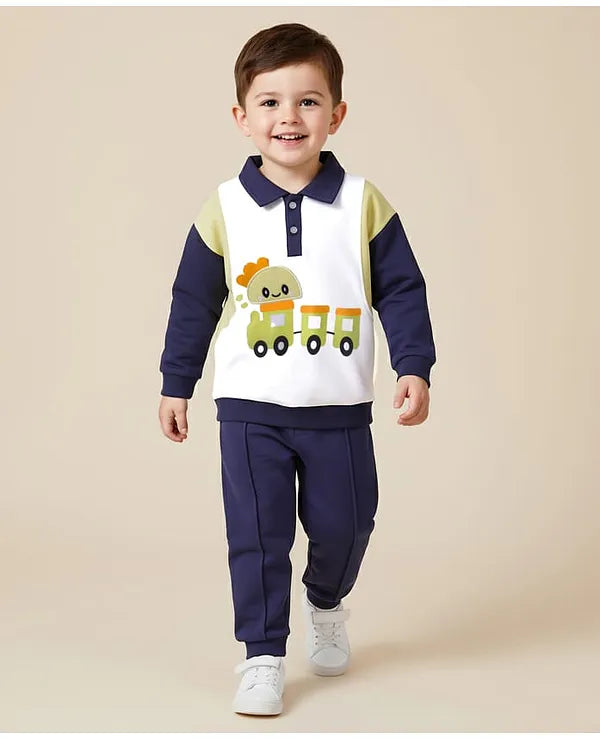 Mark & Mia Knit Full Sleeves Fleece Winter Wear Oversized T-Shirt & Lounge Pant Set With Vehicle Print & Applique - Navy Blue