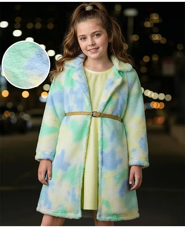 Hola Bonita Knit Shimmer Party Dress & Full Sleeves Fur Jacket With Belt - Yellow