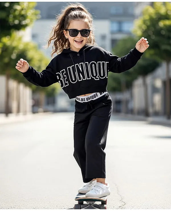 OLLINGTON ST. Cotton Full Sleeves Be Unique Printed Hoodie Sweatshirts & Pant - Black