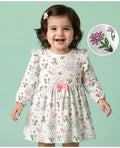 Doodle Poodle 100% Cotton Single Jersey Knit Full Sleeves Frock With Bunny & Floral Print - White