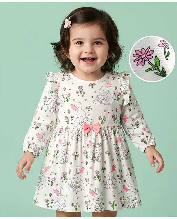 Doodle Poodle 100% Cotton Single Jersey Knit Full Sleeves Frock With Bunny & Floral Print - White