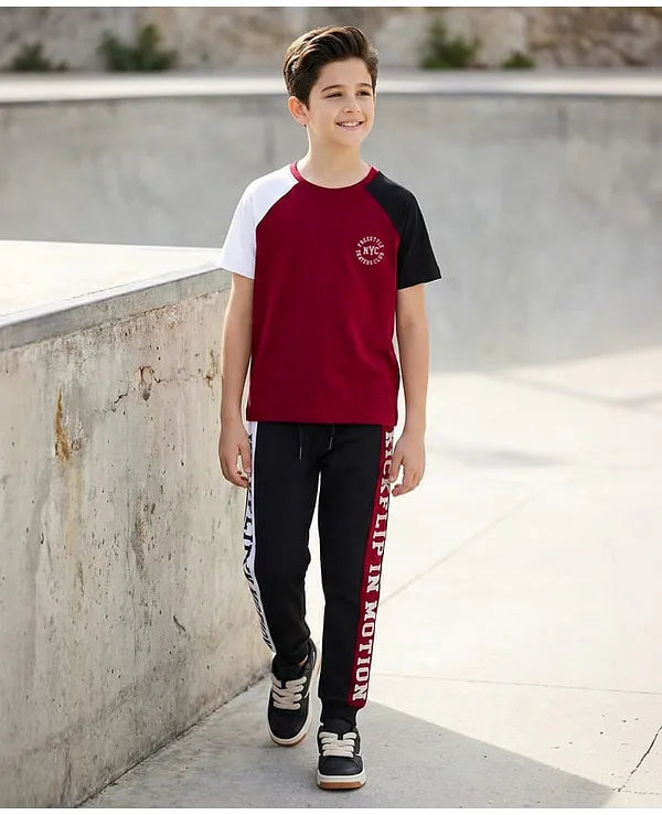 Pine Kids Cotton Knit Half Raglan Sleeves T-Shirt & Lounge Pant Set with Text Graphic - Black & Maroon