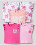 Bonfino 100% Cotton Knit Frill Sleeves T-Shirts with Heart & Bow Print Pack of 5 - Multicolor