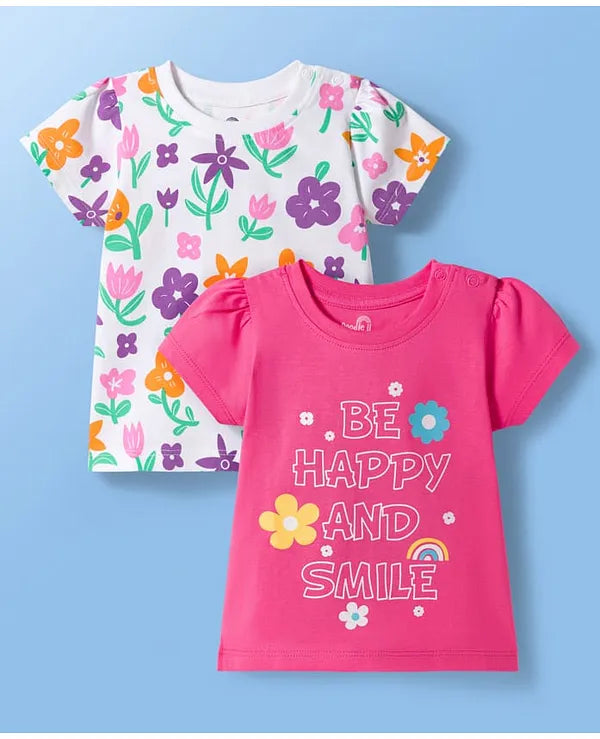 Doodle Poodle 100% Cotton Knit Half Sleeves T-Shirts with Floral Print Pack of 2 - Pink & White