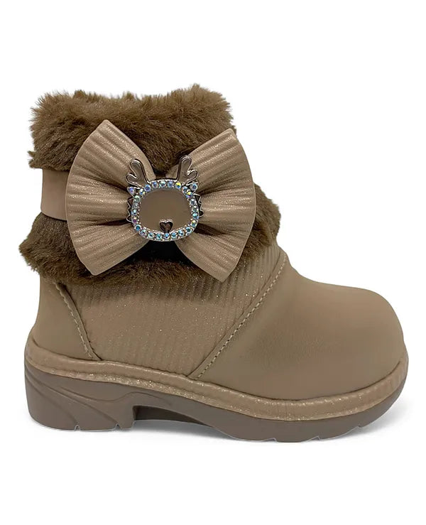 Lil Lollipop Stone Embellished Deer & Bow Applique With Fur Detailed Zipper Closure Boots - Brown