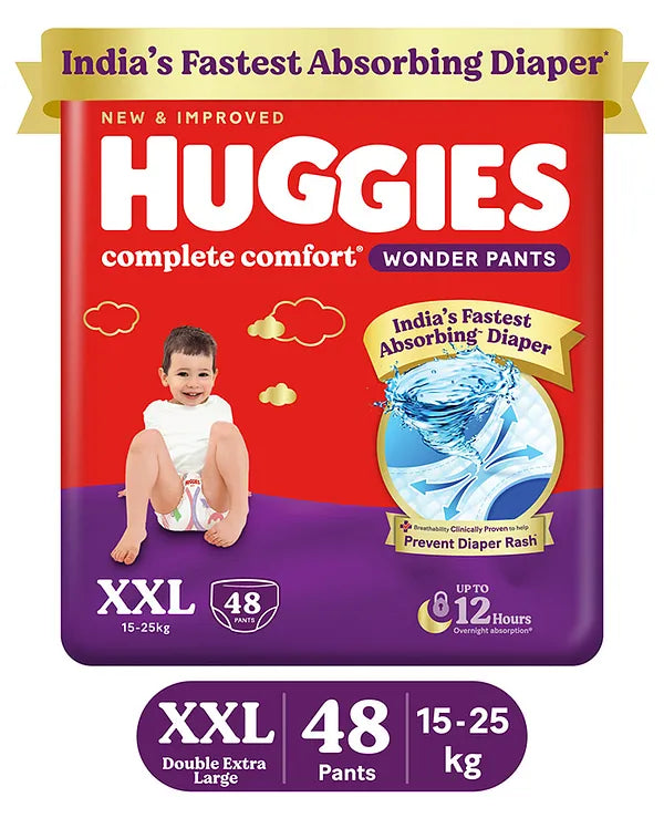 Huggies Complete Comfort Wonder Pants, India's Fastest Absorbing Diaper | XXL Size, 48 Diapers